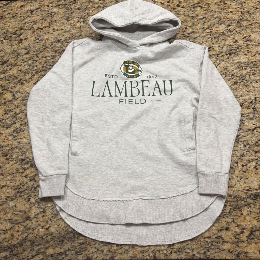 Pressbox Lambeau Field Green Bay Hoodie Gray Raw Hem Small